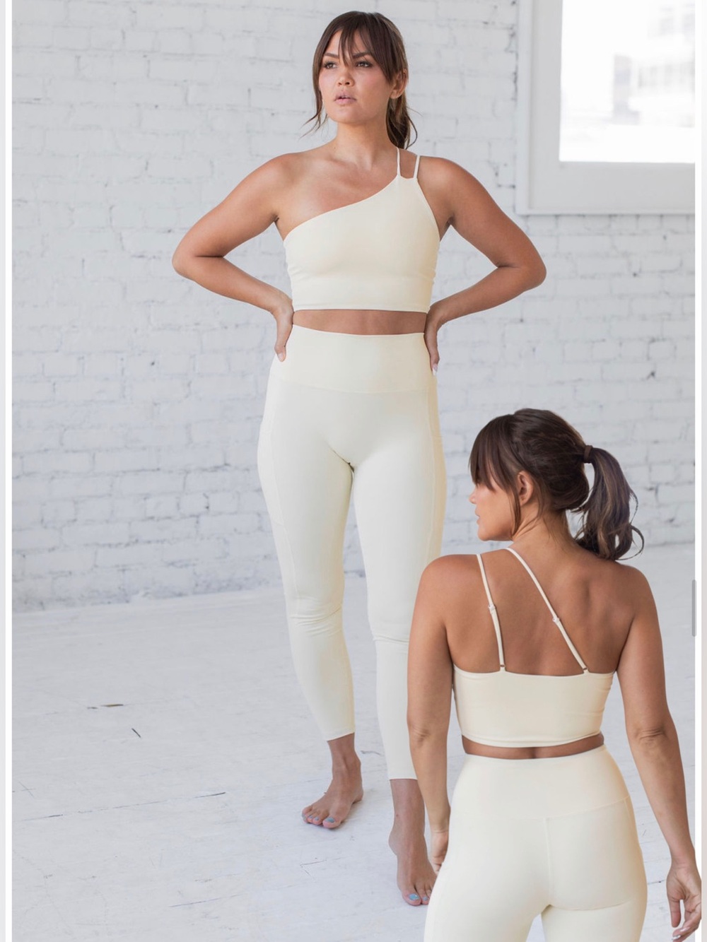 Savvi Cream One-Shoulder Active Leggings Set
